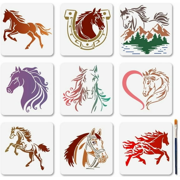 9 PCS Horse Heart Painting Stencils 5.9x5.9 Inches Horseshoe Hoof Reusable Stencils Animal Nature Drawing Stencil Templates with Paint Brush for Wood Furniture Wall Fabric Canvas Mixed Color