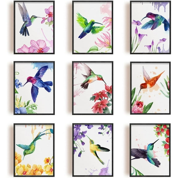 9 PCS Hummingbirds Unframed Canvas Prints Watercolor Wall Art Print Birds with Flower Canvas Print Animals Artwork Abstract Painting Vintage Wall Decor for Bedroom Office Decoration for DIY