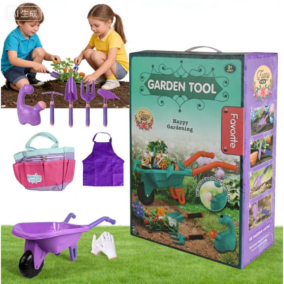 9 PCS Kids Gardening Set with Wheelbarrow, Watering Can, Tote Bag, Gloves, Shovel, Rake, Apron, Durable Plastic, Age3+, Toddler Garden Tools, Best Pretend Play Outdoor Indoor Gift for Boys Girls
