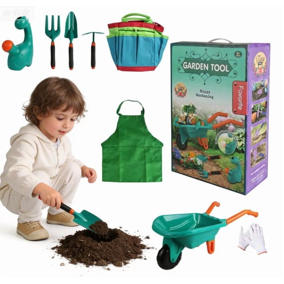 9 PCS Kids Gardening Tool Set with Wheelbarrow, Watering Can, Tote Bag, Gloves, Shovel, Rake, Apron, Durable Plastic, Age3+, Learning Pretend Play, Outdoor Yard Activity Gift for Kids Boys Girls
