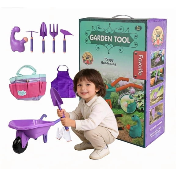 9 PCS Kids Gardening Tool Set with Wheelbarrow, Watering Can, Tote Bag, Gloves, Shovel, Rake, Apron, Durable Plastic, Ages 3-6, Garden Pretend Play, Outdoor Yard Activity Gift for Kids Boys Girls