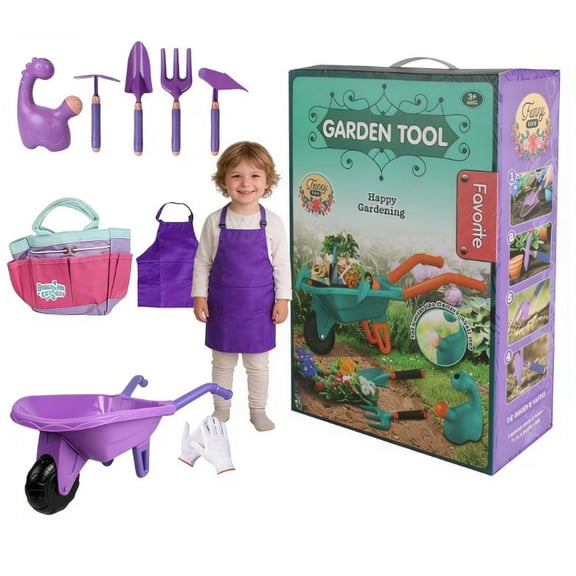 9 PCS Kids Gardening Tool Set with Wheelbarrow, Watering Can, Tote Bag, Gloves, Shovel, Rake, Apron, Durable Plastic, Ages 3-6, Indoor Play Toys, Great Pretend Play Garden Gift for Boys Girls Outdoor