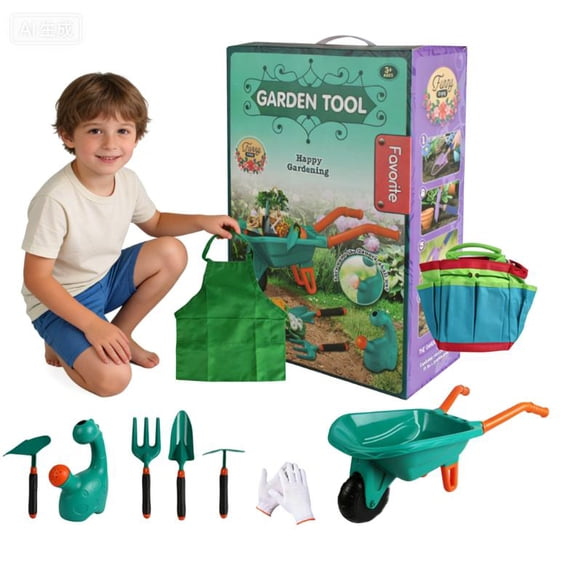 9 PCS Kids Gardening Tool Set with Wheelbarrow, Watering Can, Tote Bag, Gloves, Shovel, Rake, Apron, Durable Plastic, Ages 3-6, Outdoor Indoor Toys Gift for Boys Girls