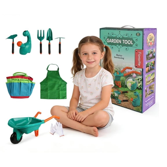 9 PCS Kids Gardening Tool Set with Wheelbarrow, Watering Can, Tote Bag, Gloves, Shovel, Rake, Apron, Durable Plastic, Pretend Play Garden Toys for Age3+ Outdoor Yard
