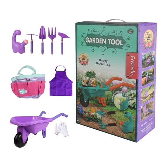 9 PCS Kids Gardening Tool Set with Wheelbarrow, Watering Can, Tote Bag, Gloves, Shovel, Rake, Apron, Durable Plastic, Pretend Play Learning Toys for Kids Boys and Girls 3-8