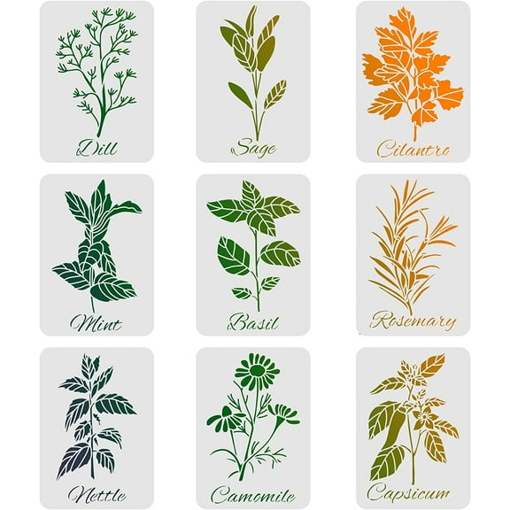 9 PCS Leaf Stencils Template 11.7x8.3 inch Plastic Plant Drawing Painting Stencils Dill Sage Cilantio Mint Pattern Stencils Leaves Stencils
