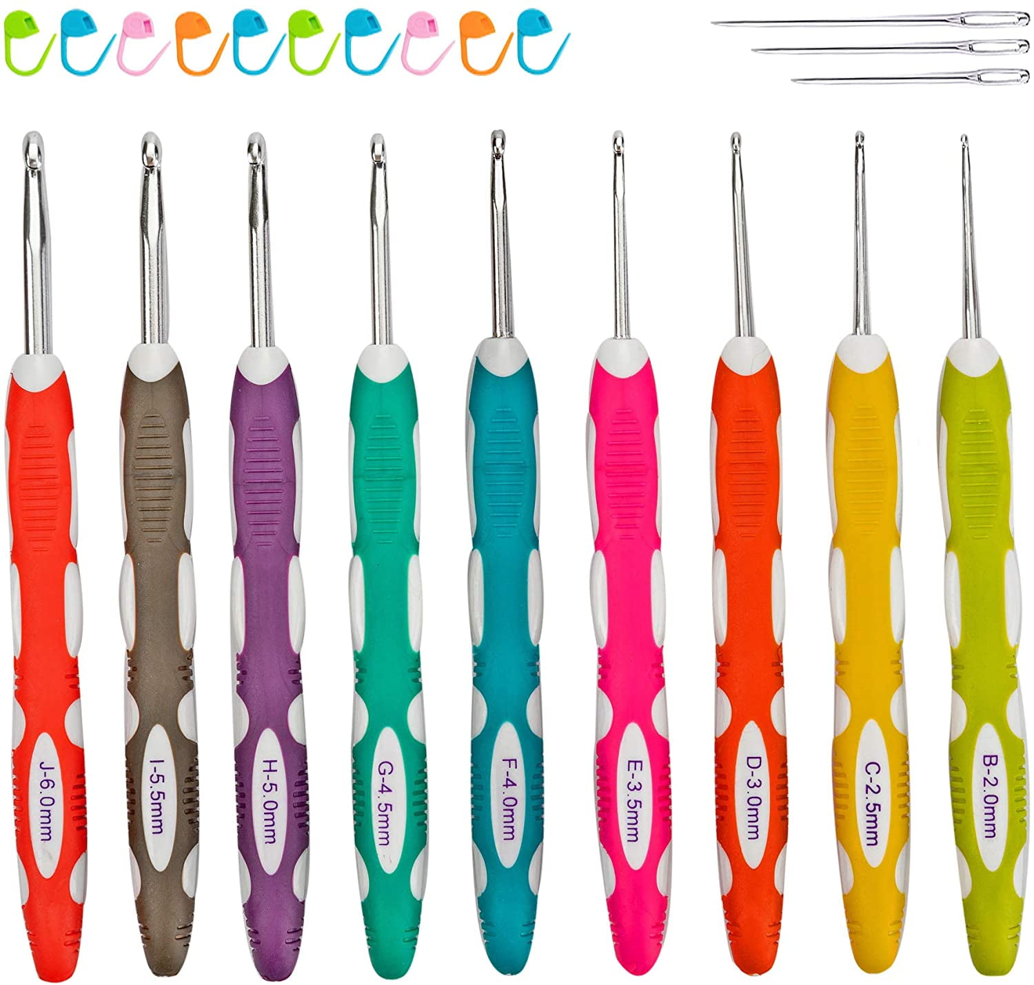 9 PCS Longer Ergonomic Crochet Hooks Set USA Standard Size B to J 2.0mm-6.0mm Soft Grip Handles Smooth Crochet Needles Knitting Needles for Arthritic Hands,Beginners(Set C)