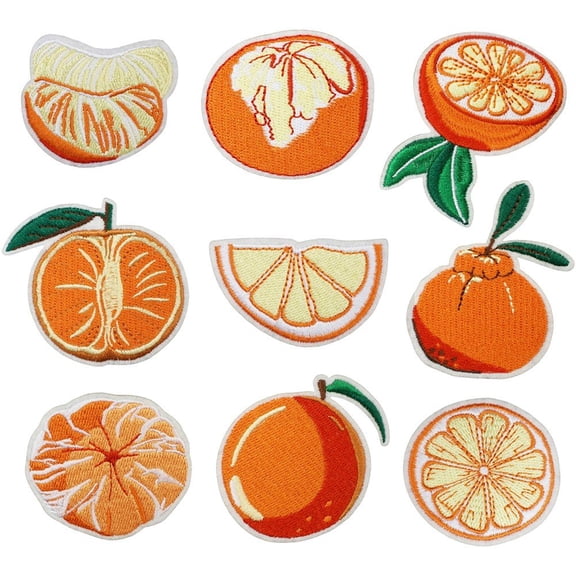 9 PCS Patch Embroidered Sticker Orange Theme Sew On Patches Cartoon Fruit Cloth Sticker Iron on Applique Sticker Patches for Clothing, Jackets, Backpacks