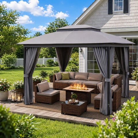 9 PCS Patio Furniture Set with 45" 50000 BTU Fire Pit Table and 10x12 FT Gazebo, All-Weather PE Rattan Outdoor Conversation Set with Double Vented Canopy for Backyard Deck Porch Garden