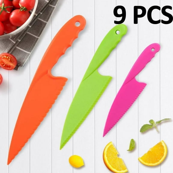 9 PCS Plastic Kitchen Knife Cooking Chef Knives for Fruit,Plastic Cutting Knife,Bread, Cake, Salad, Lettuce Knife (Orange x3,Green x3,Rose x3)