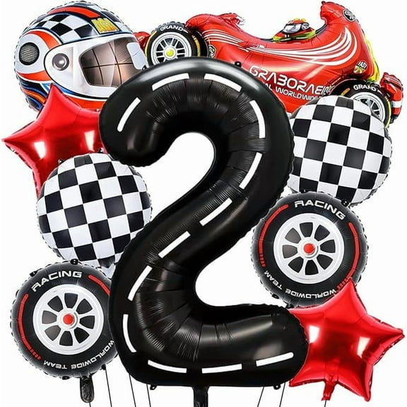9 PCS Race Car Balloons, Black Number 2 Balloon Checkered Balloonss for 2st Birthday Race Car Theme Party Decorations