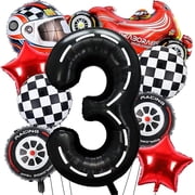 9 PCS Race Car Balloons, Black Number 3 Balloon Checkered Balloonss for 3st Birthday Race Car Theme Party Decorations