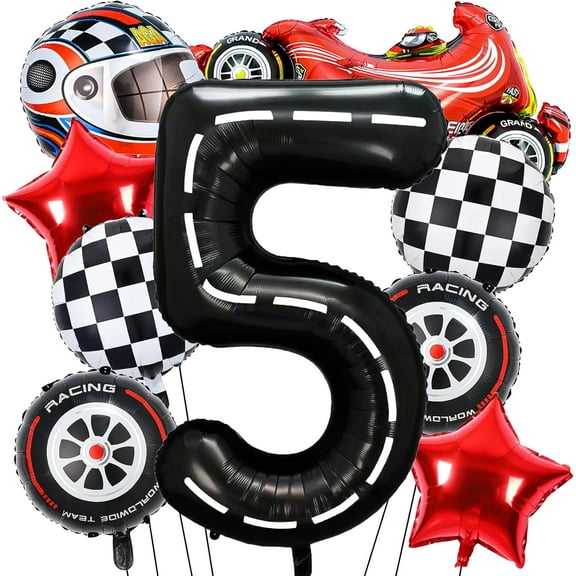 9 PCS Race Car Balloons, Black Number 5 Balloon Checkered Balloonss for 5st Birthday Race Car Theme Party Decorations