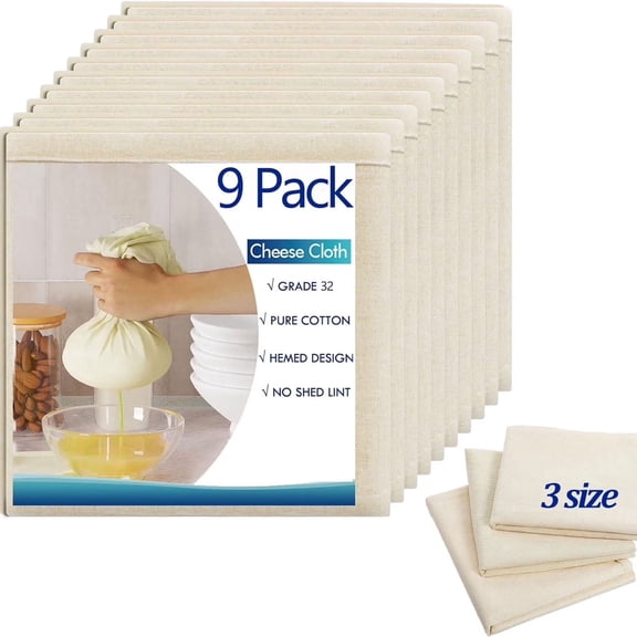 9 PCS Reusable Cheesecloth, Grade 32,16x16 Inch,20x20 Inch,24x24 Inch Hemmed Cheese Cloths for Straining Craft,Completely Cotton Unbleached Cloth Strainer for Cooking, Baking, Juicing, Cheese Making