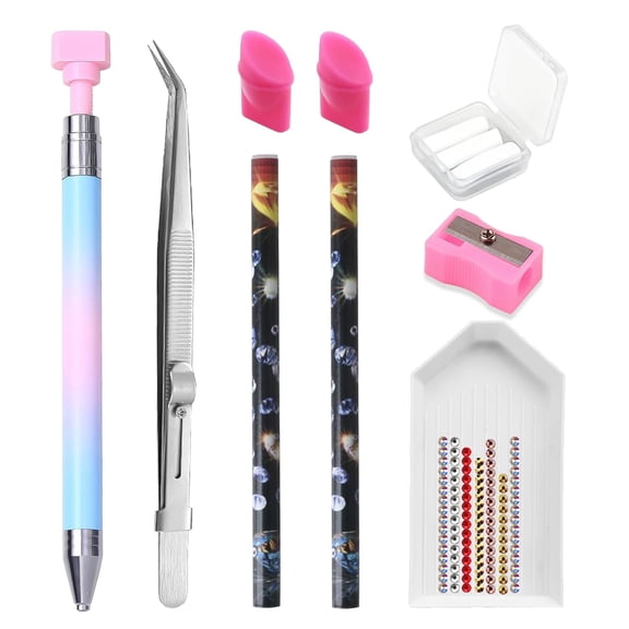 9 PCS Rhinestone Picker Tool Set,Rhinestone Applicator Wax Pencil for Nails,Gem Picker Tools and Tray,Adjustable Tweezers With Silicone Pressing Heads,Bedazzling Tools for Diy Design
