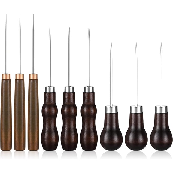 9 PCS Scratch Awl Tool Gourd Shape Wooden Handle Leather Punch Stitching Marking DIY Handmade Pin Punching Needles Kit for Sewing Crafts Wood Shoe Repair