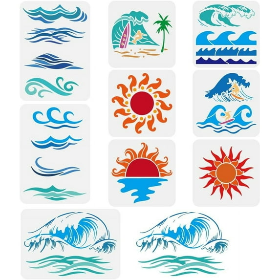 9 PCS Sea Waves Painting Stencil Sun Beach Template Summer Surfing Template Coconut Tree Stencil Summer Theme for Painting on Wall Wood Canvas Fabric Furniture
