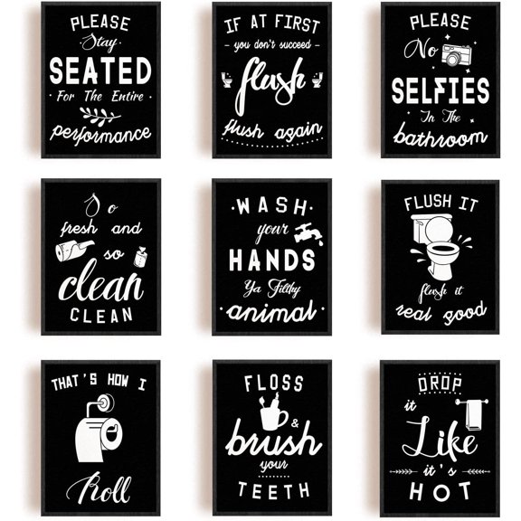 9 PCS/Set Canvas Prints Bathroom Theme Canvas Art Black&White Hint Painting Decorative Wall Art Pictures for Toilet Bathroom Wall Decor 9.8"x7.8" (No Frame)