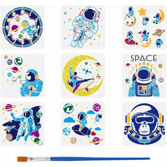 9 PCS Space Theme Painting Stencils with Brush 11.8x11.8 inch Universe Pattern Drawing Template Astronaut Template Space Theme Plastic Stencil DIY