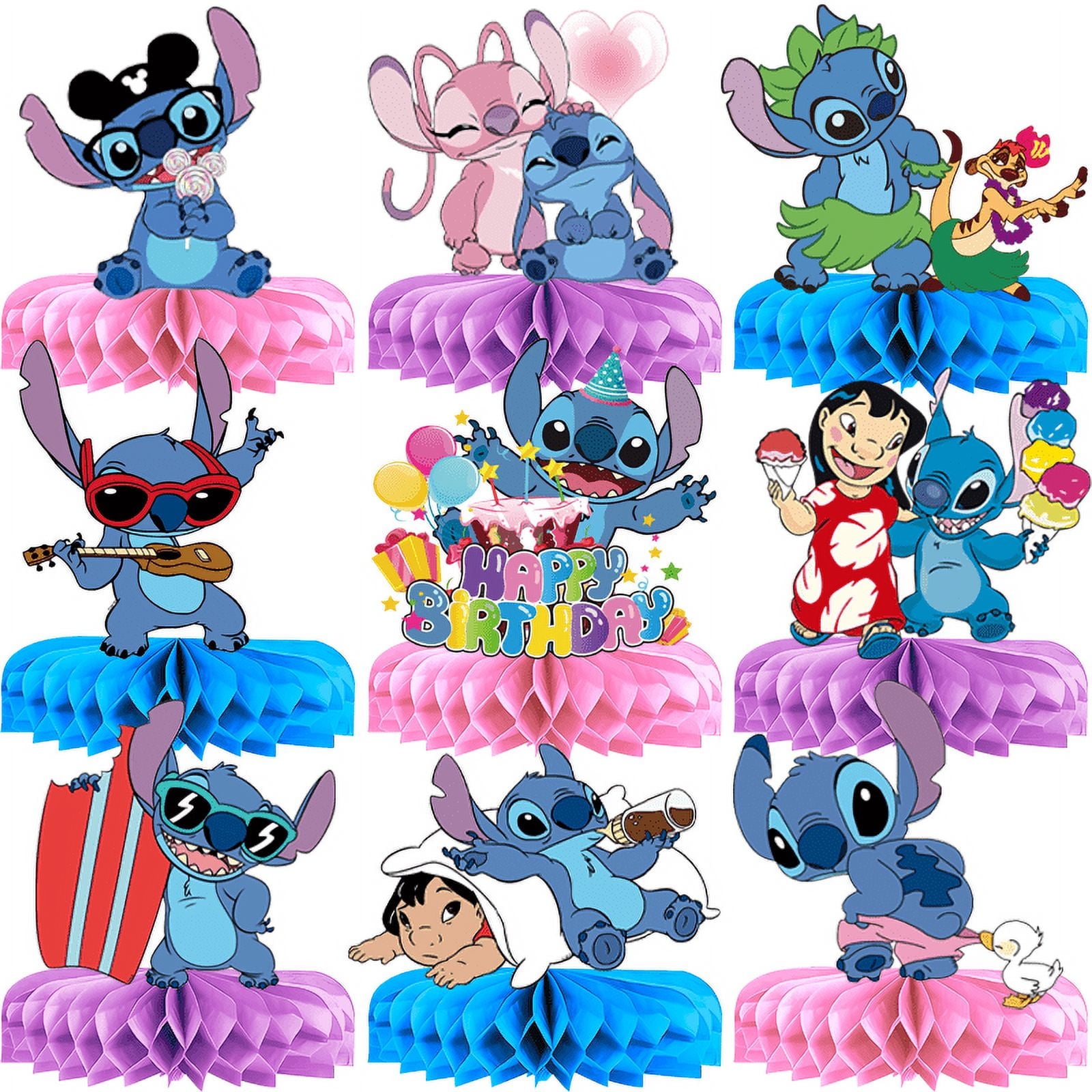 9 PCS Stitch Party Supplies, Honeycomb Centerpieces 3D Double Side Party Decor, Colorful Non-Fading Cardstock Birthday Party Decorations for Tabletop, Cake Display
