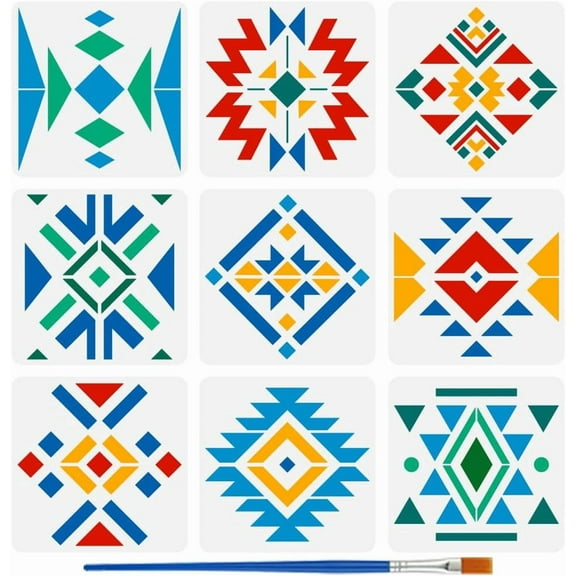 9 PCS Tribal Barn Quilt Painting Stencil with Brush 11.8x11.8 inch Diamond Triangle Rectangle Geometric Pattern Barn Quilt Stencil