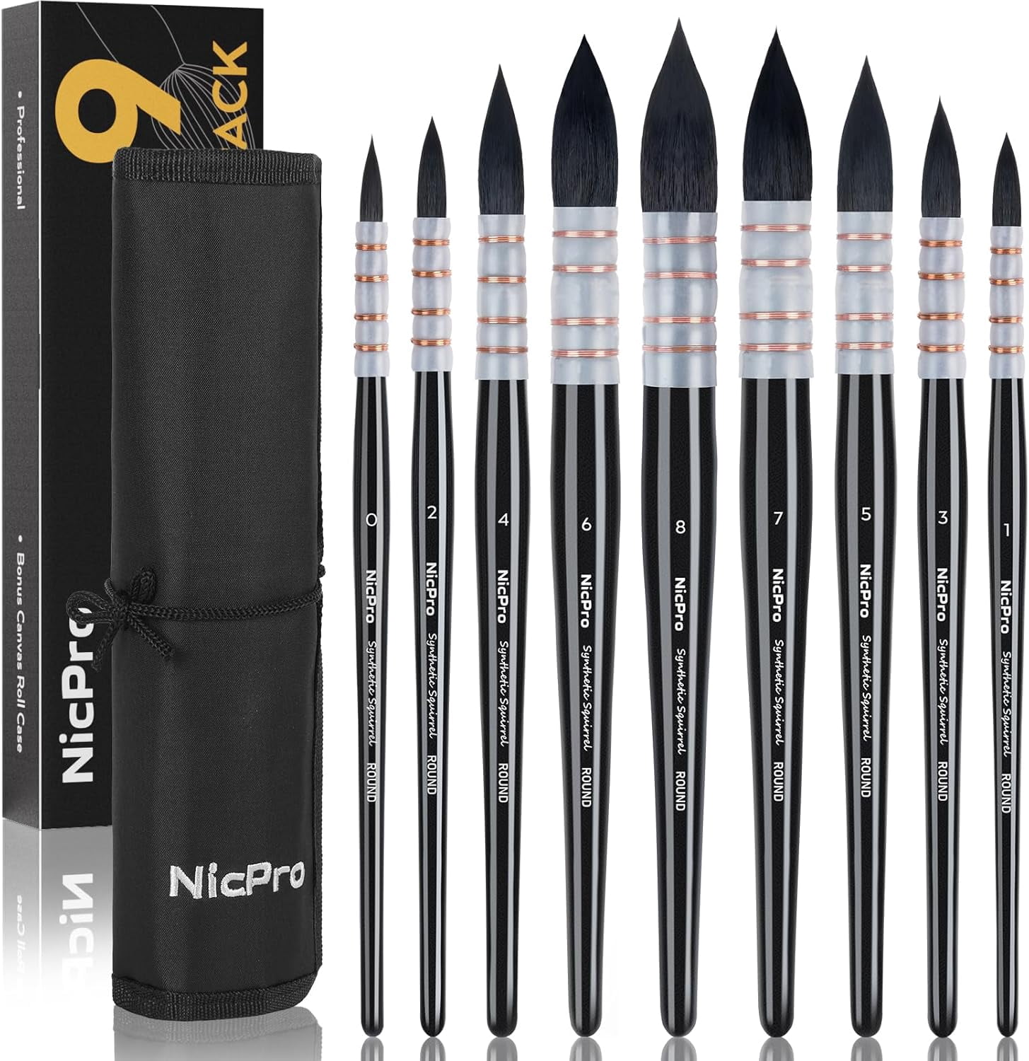 9 PCS Watercolor Brushes, Professional Synthetic Squirrel Hair Water Color Paint Brush Set with Canvas Roll, Absorptive Mop Paintbrushes Artist Supplies for Watercolor, Gouache, Inks Painting