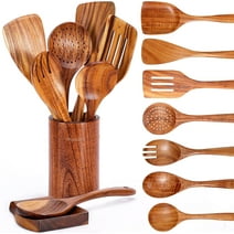 9 PCS Wooden Spoons for Cooking, ACMETOP Wooden Utensils for Cooking with Utensils Holder, Natural Teak Wooden Kitchen Utensils Set with Spoon Rest, Comfort Grip Cooking Utensils Set for Kitchen