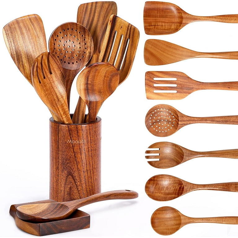 Wooden Cooking Utensils with Holder & Spoon Rest