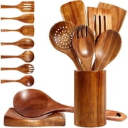 VUOHOEG 9 PCS Wooden Spoons for Cooking with Wide Utensil Heads, Teak Wooden Utensils Set