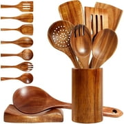 VUOHOEG 9 PCS Wooden Spoons for Cooking with Wide Utensil Heads, Teak Wooden Utensils Set
