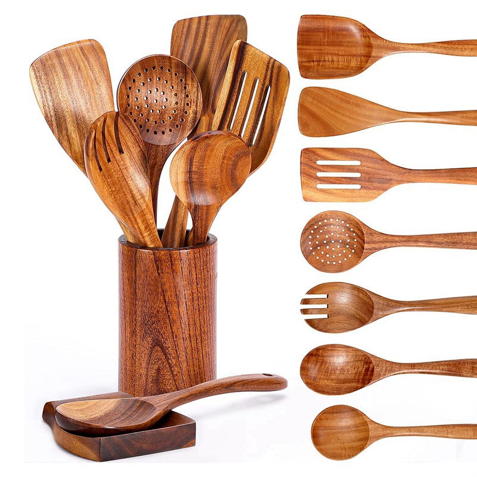 9 PCS Wooden Spoons for Cooking, Utensils Cooking with Holder, Teak Kitchen  Set