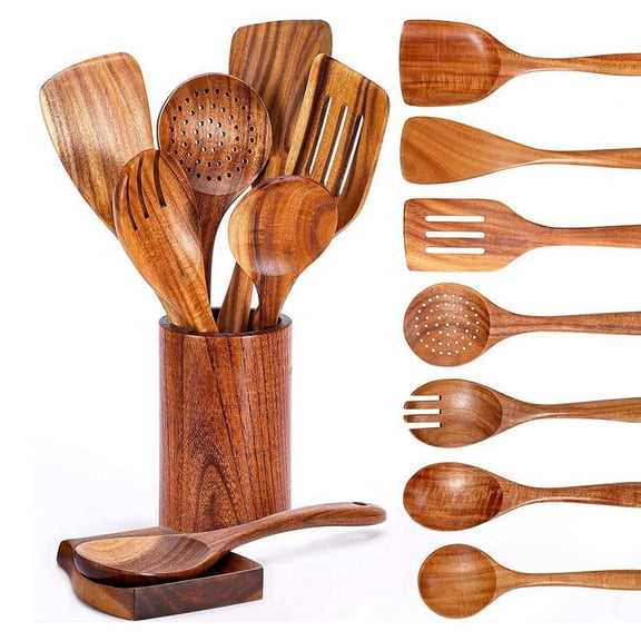 9 PCS Wooden Spoons for Cooking, with Utensil Holder, Teak Wood, Kitchen Utensil Set, Non-Scratch, Dishwasher Safe, Natural Material,9