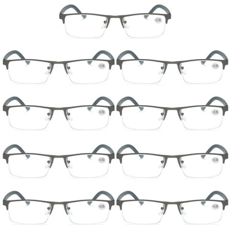 9 PK Men's Blue Light Blocking Reading Glasses - Rectangular Metal Half-Frame - Spring Hinge Readers +1.25