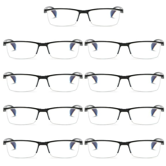 9 PK Mens Reading Glasses Readers - Rectangular Half-Frame - Lightweight & Spring Hinge - Block Harmful Blue Light +2.00