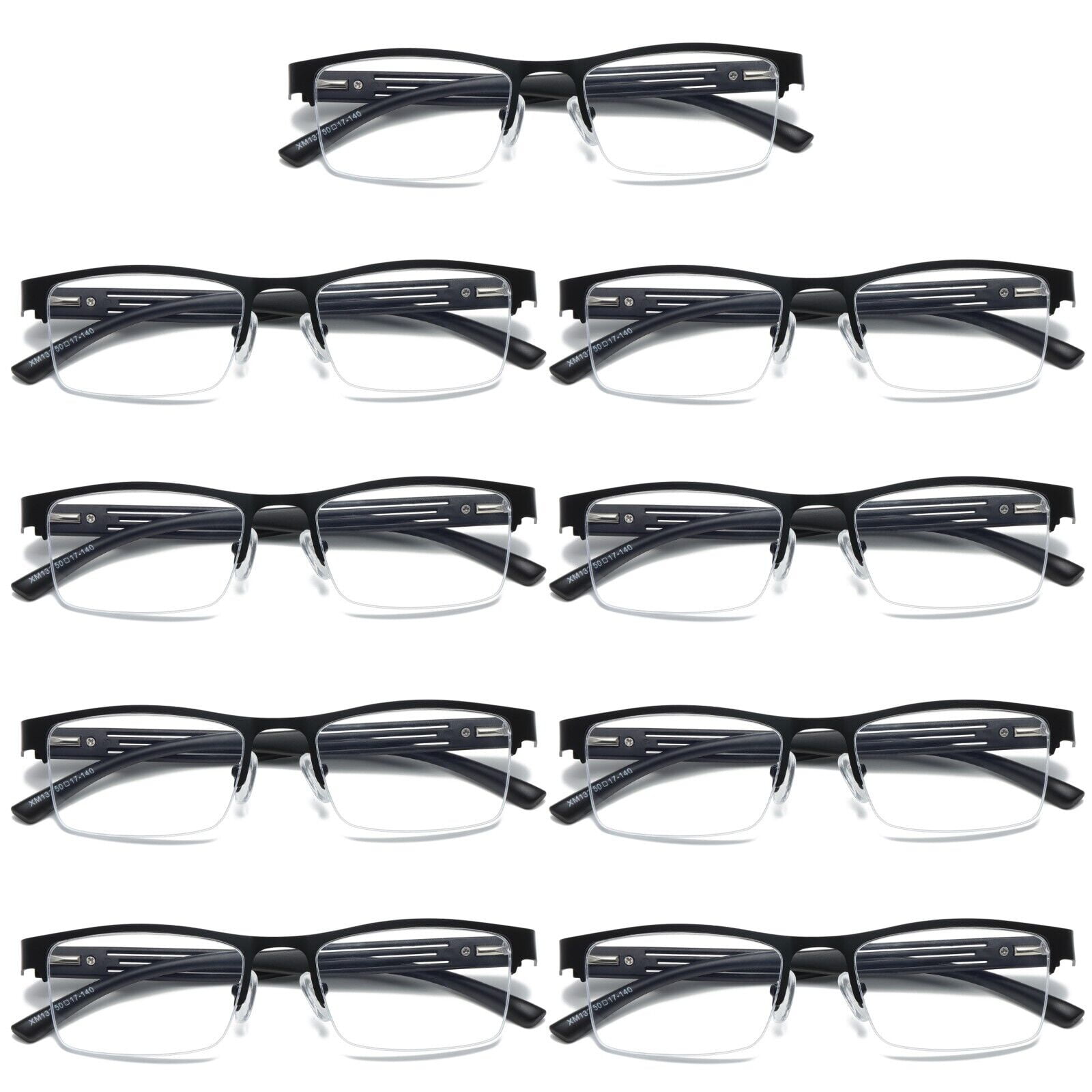 9 PK Mens Reading Glasses Spring Hinge - Square Metal Half-Frame - Blue Light Blocker Readers +3.00