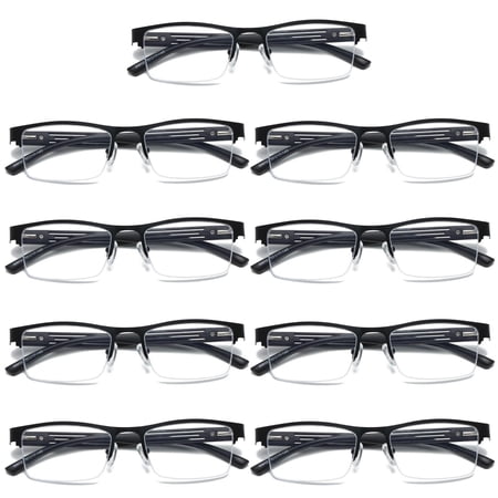 9 PK Mens Reading Glasses Spring Hinge - Square Metal Half-Frame - Blue Light Blocker Readers +3.00