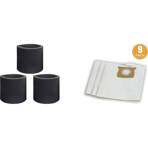 9-Pack 10-14 Gallon Disposable Filter Bags,90662,Type F and 3-Pack Foam Filter Sleeve for Shop Vac 90585 90585-00,Fits Shop-Vac 10-14 Gallon Wet/Dry Vacuum Cleaners(9 Dust Bags+3 Foam Filters)