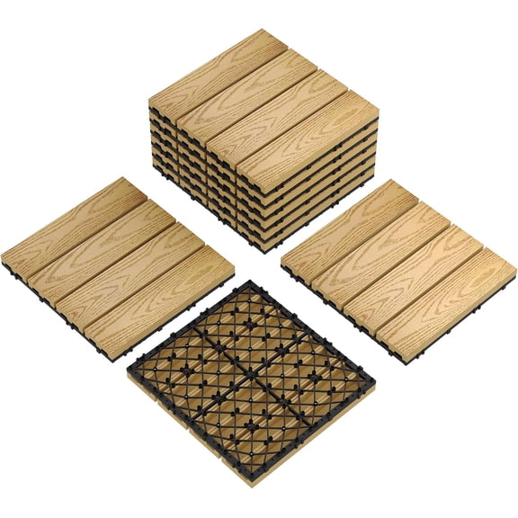 9 Pack 12Inx12In Interlocking Deck Tiles Composite Wood-Look Patio Flooring Waterproof Non-Slip for Balcony Poolside Teak