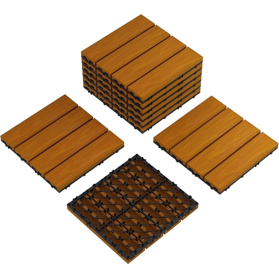 9 Pack 12Inx12In WPC Interlocking Deck Tiles Outdoor Patio Flooring Waterproof Non-Slip with Drainage for Pool Balcony Teak