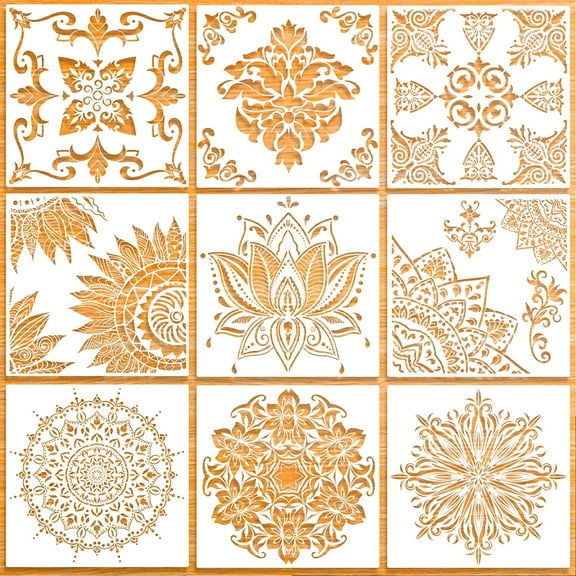 9 Pack (12x12 Inch) Large Reusable Stencil Stencil Laser Cut Painting Template for Floor Wall Tile Fabric Furniture Stencils Painting
