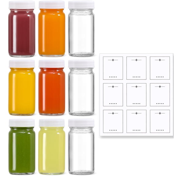 9 Pack, 2 oz Glass Shot Bottles w/ Black Lids & 9 Labels - Small Clear Jar for Ginger, Wellness Shot, Juice, Sample, Whiskey - Travel Essentials Mini Bottles - Wide Mouth, Leakproof, Dishwasher Safe