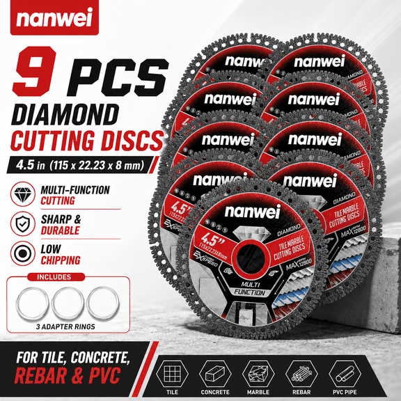 9 Pack 4.5 Inch Diamond Saw Blades, Universal Cutting Disc for Tile Marble Concrete PVC Pipe, Fits Angle Grinder & Circular Saw for DIY Construction Projects