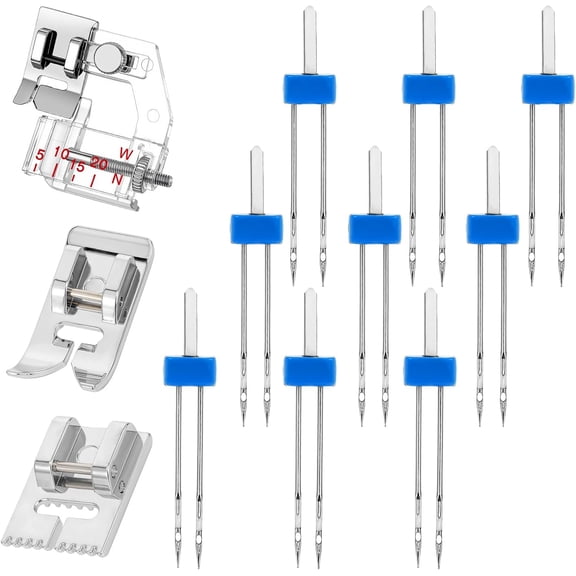 9 Pack Ballpoint Needles for Sewing Machine, Twin Needles with 3 Pieces Different Presser Foot for Household Sewing Machine, 3 Sizes 2/90 3/90 4/90 Double Needle