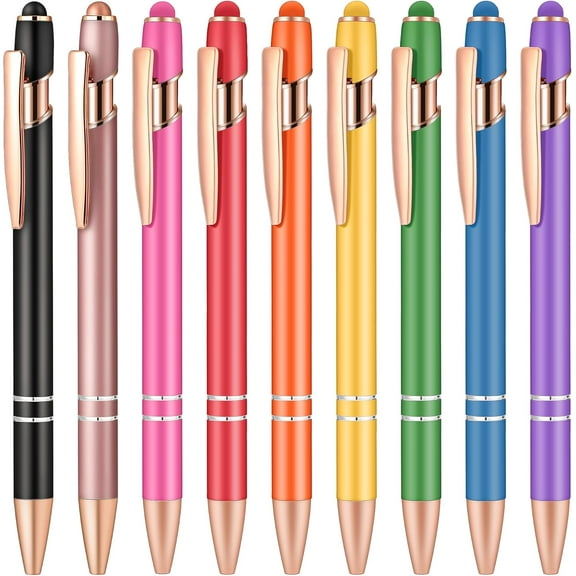 9 Pack Ballpoint Pens Smooth Writing 2-in-1 Stylus Retractable Ballpoint Pen with Stylus tip, Office Decor Metal Stylus Pen for Touch Screens, 1.0 mm Black Ink
