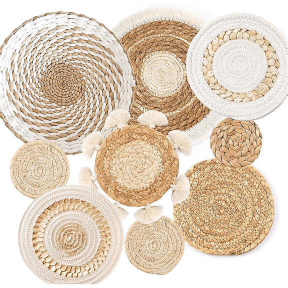 9 Pack Boho Wall Basket Set, Hanging Woven Decor, Seagrass Rattan Wicker Decor