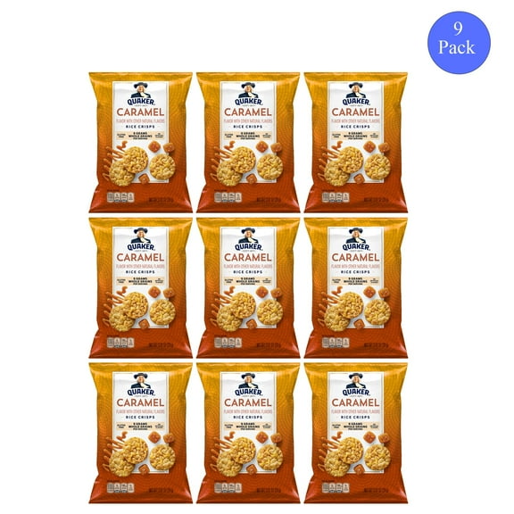 9 Pack Caramel Flavored Quaker Rice Crisps, Gluten Free and Low Cholesterol, 0.91 Oz Per Pack
