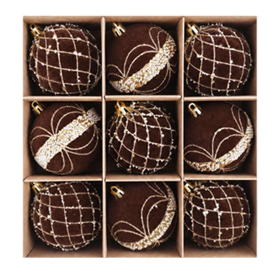 9 Pack Christmas Tree Ornaments with Velvet Flocked Design and Pearl Star Accents, 3 Inch, Brown, for Vintage Farmhouse Decor, Christmas Decorations