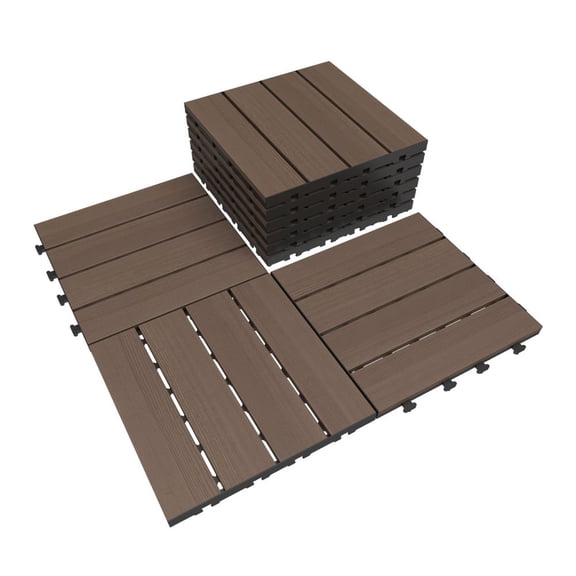 9-Pack Dark Brown 12" x 12" Interlocking HDPE Deck Tiles, All-Weather Outdoor Flooring