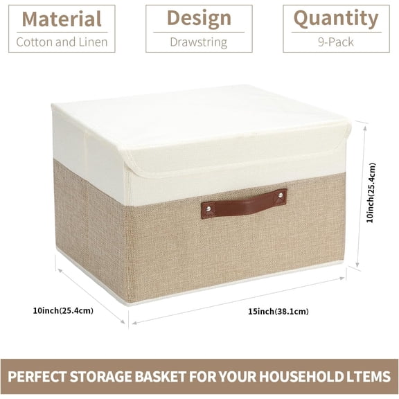 9 Pack Decorative Storage Bins Containers & Fabric Bins with Lids Storage Baskets for Shelves Drawers, Desktop, Closet, Playroom, Classroom, Office, Bedroom, Home, Garage (white/beige, 14.9X10X10)