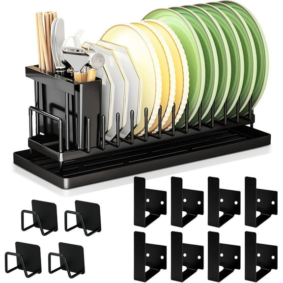 9 Pack Dish Drying Rack Set with Drain Board, Dish Rack Over the Sink with Utensil Holder, Plate Storage Rack for Kitchen Counter,Black (16.36.56.8in)